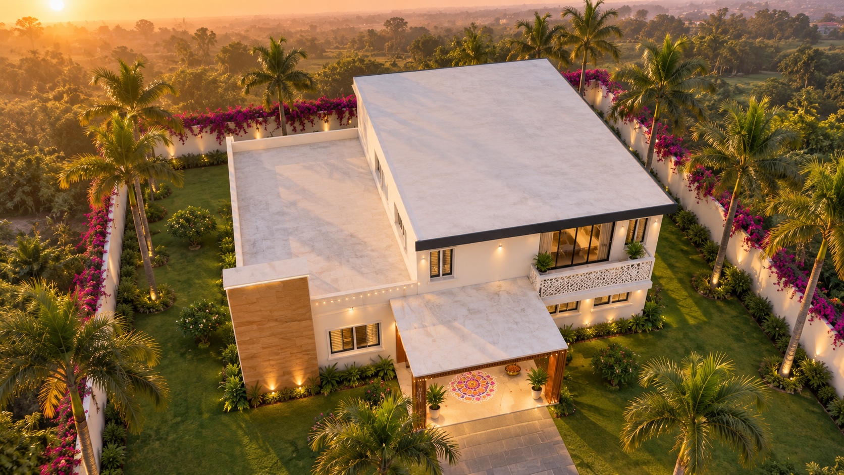 Aerial view of a contemporary Indian villa at golden hour